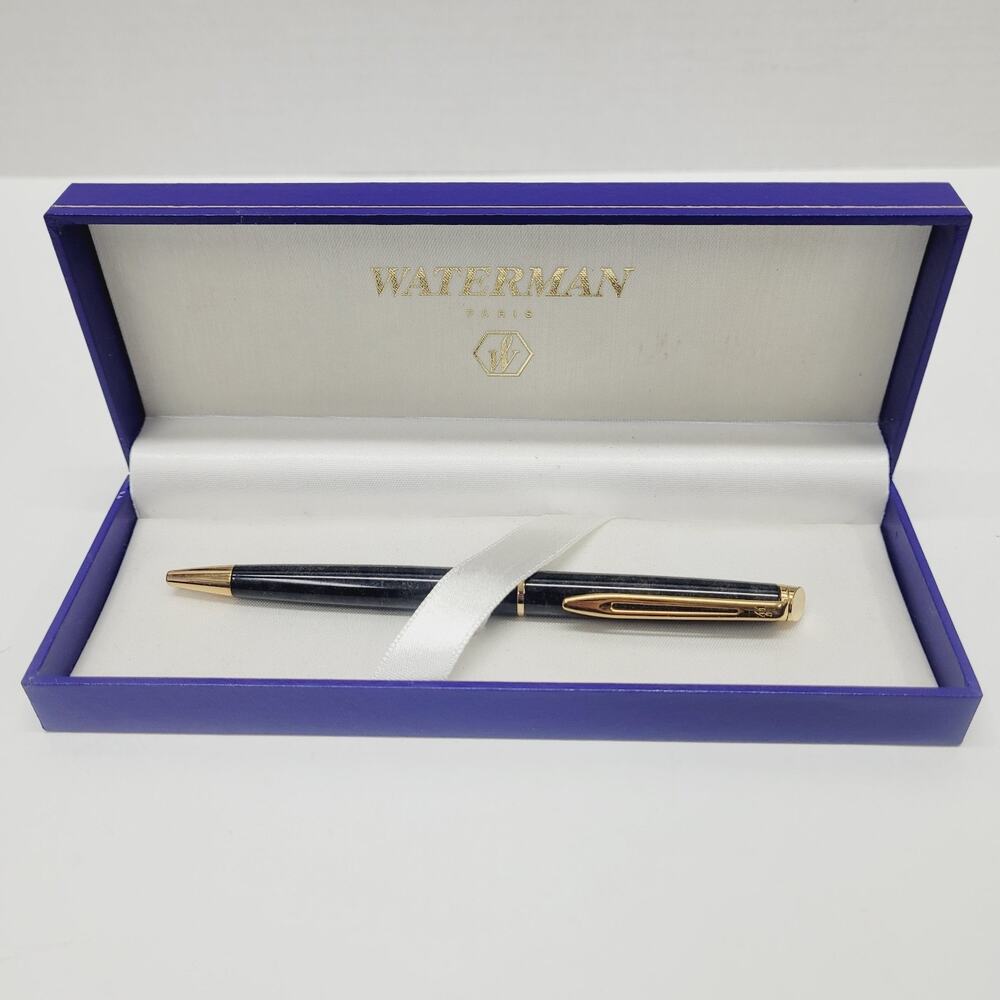 Waterman Paris Black Marble & Gold Trimmed Twist Ballpoint Pen Blue Case LFB